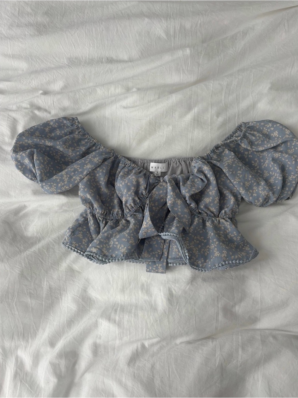 Mable Blue Floral Puff Sleeve Tie Front Crop Top Size Small